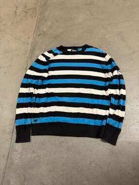 Fox Racing Black White Blue Striped Crewneck Sweater XL Moto Knit Pullover